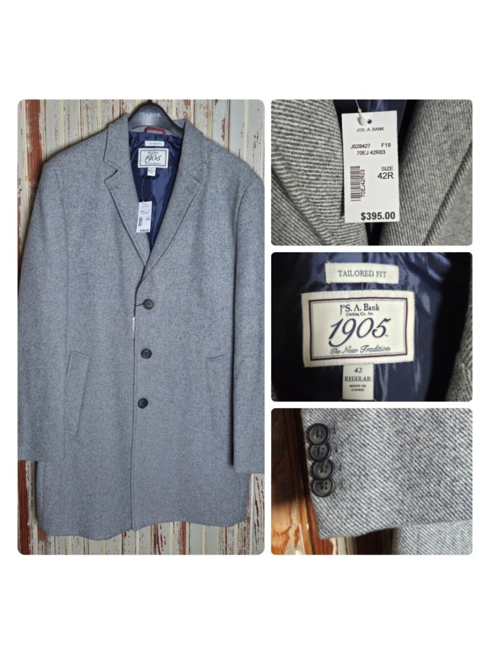 Jos A Bank 1905 Coat Men's 42 R Tailored Fit Gray Wool Blend Herringbone $395